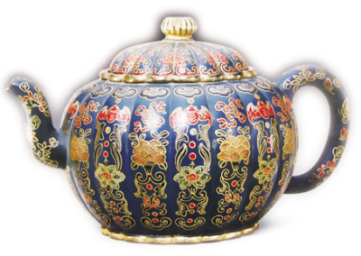 宜興窯紫砂綠地描金瓜棱壺 清乾隆