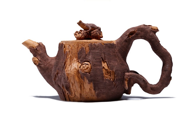 仿木外皮紫砂壺，創(chuàng)意木樁手工雕刻紫砂壺